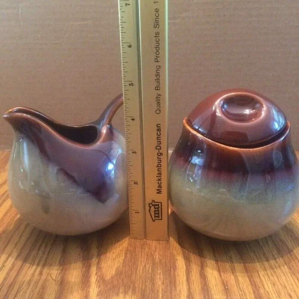 VTG Studio Pottery Glazed Creamer & Sugar Bowl Lid Brown Purple Beige Set Earthy